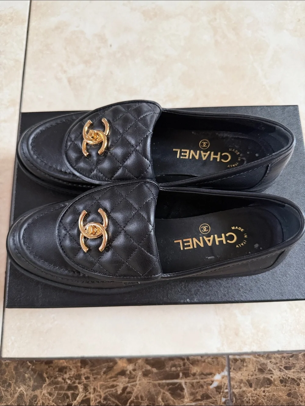 CHANEL Black Quilted Leather Loafers with Gold CC Hardware
